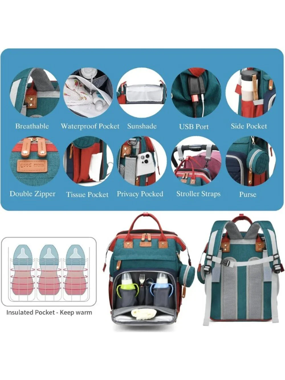 Stylish Waterproof Baby Diaper Bag Backpack with Changing Station & USB Port